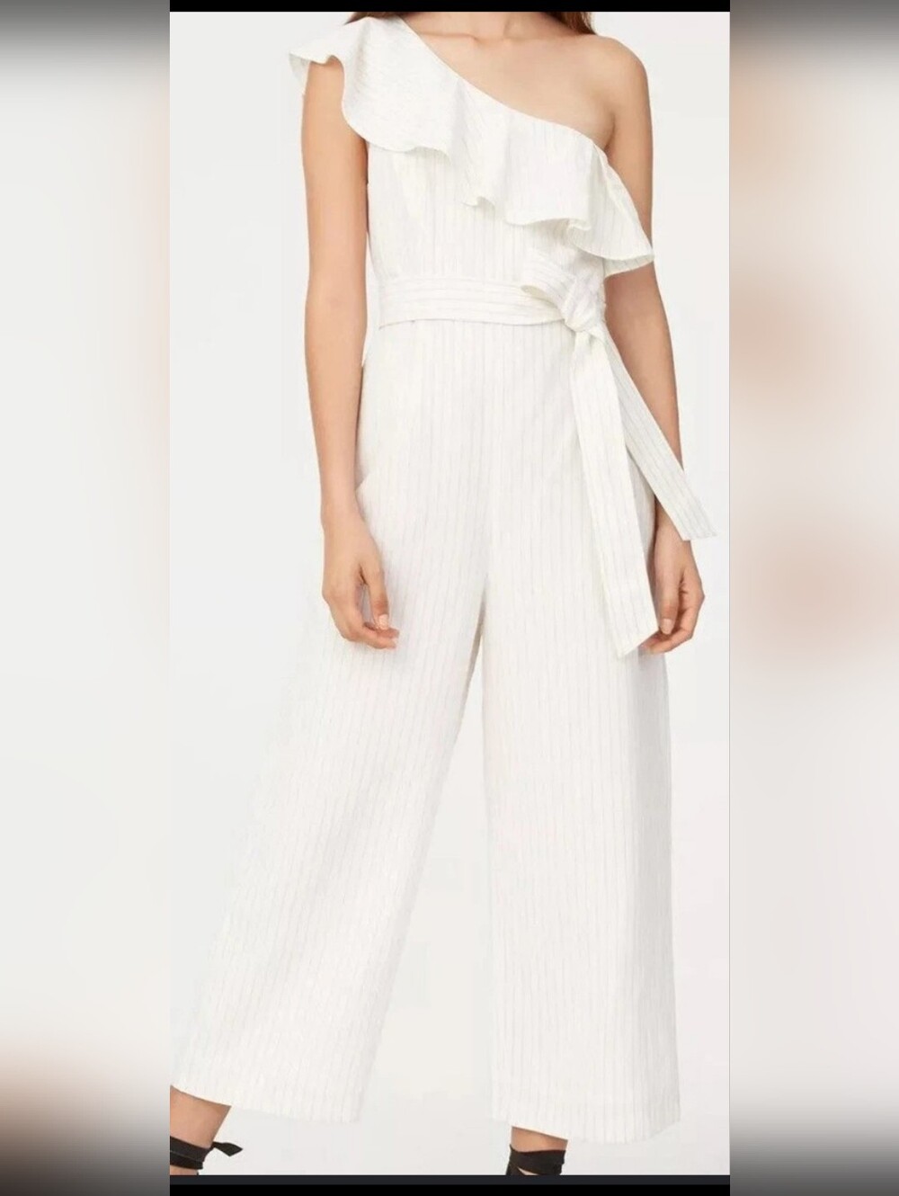Club Monaco Pin Striped Ruffled Shoulder Wide-Leg Jumpsuit with Tie Waist. Linen